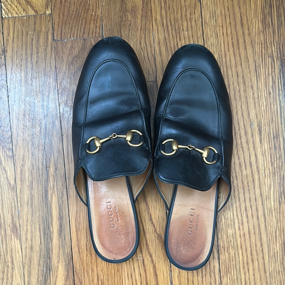 Gucci Black Leather Mules with Gold Hardware